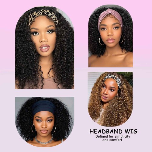 CUUYUN Kinky Curly Headband Wig Human Hair 22 Inch 4/27 Highlight Ombre Human Hair Headband Wig for Black Women Culry None Lace Front Wigs Glueless Human Hair Wigs