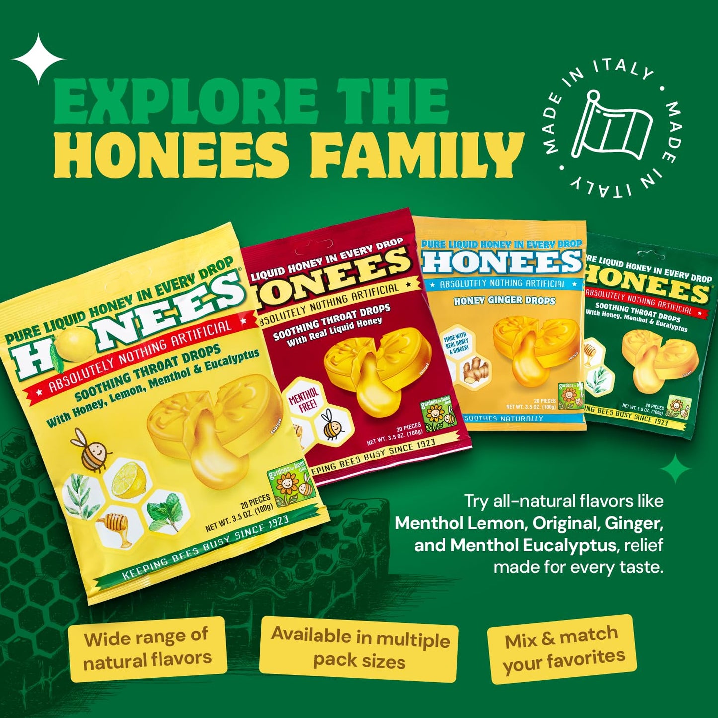 Honees Filled Honey Lemon Cough Drops- Filled with Honey, Menthol, Lemon and Eucalyptus - Nothing Artificial -Natural Sore Throat Lozenges- Non-GMO (12 Pack – 240 Drops)