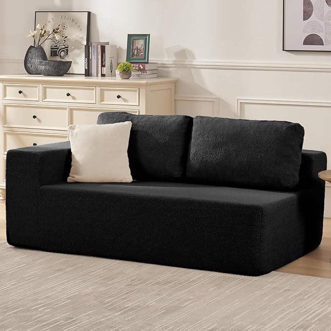 Furnify 67" Loveseat Sofa, Cloud Modular Couch, Upholstered Floor Sofa with Deep Seat, Upholstered Foam Sofa for Bedroom Living Room, No Assembly Required (Black, Teddy Boucle)
