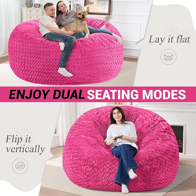 6FT Bean Bag Chair,Giant Bean Bag Chairs for Adults,Big Bean Bags with Memory Foam Filled, Large Beanbag Chairs with Chevron Plush Cover-Pink