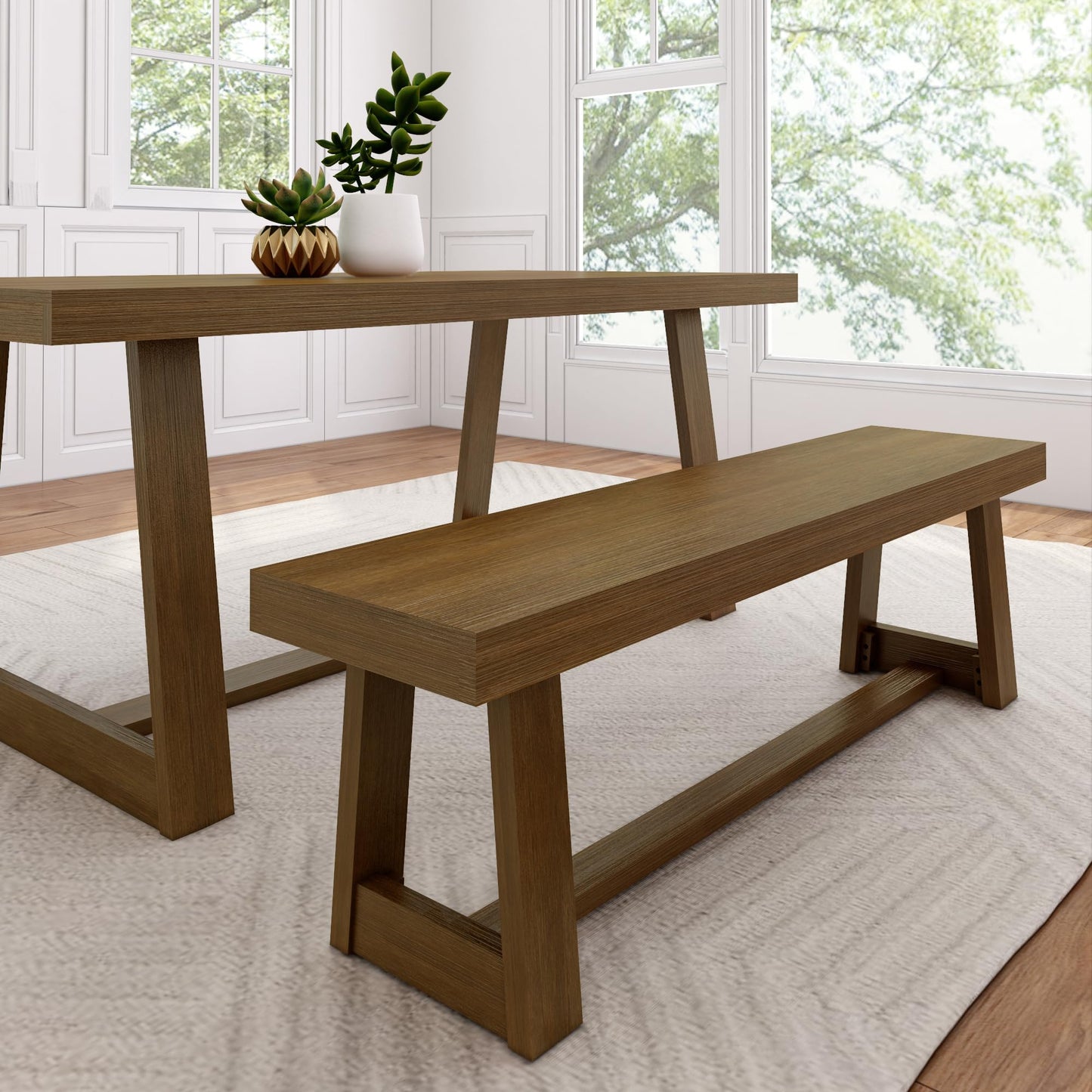 Plank+Beam 60 Inch Farmhouse Dining Bench, Solid Wood Entryway Bench, Wooden Outdoor Bench, Kitchen Dining Seat, Dining Room, Home Office, Living Room Furniture, Easy Assembly, Pecan Wirebrush