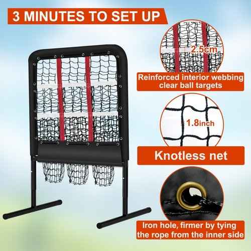 9 Hole Pitching Net with Strike Zone and Handbag, Fixed by 4 Ground Stakes & 2 Sandbags. Adjustable Heights (39-46in) for Pitching Target Net, Softball Training