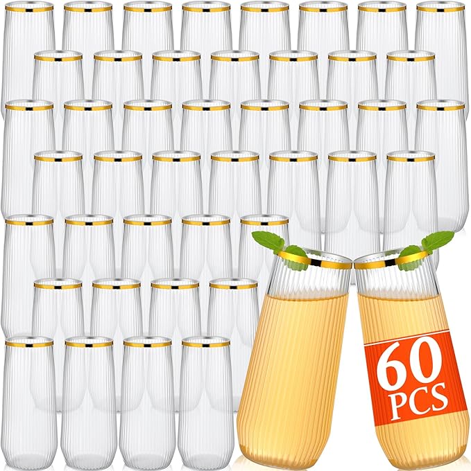 Reallnaive 60 Pack Ribbed Stemless Toasting Glasses, 9 Oz Plastic Champagne Flutes, Disposable BPA-Free Gold Rim Toasting ...