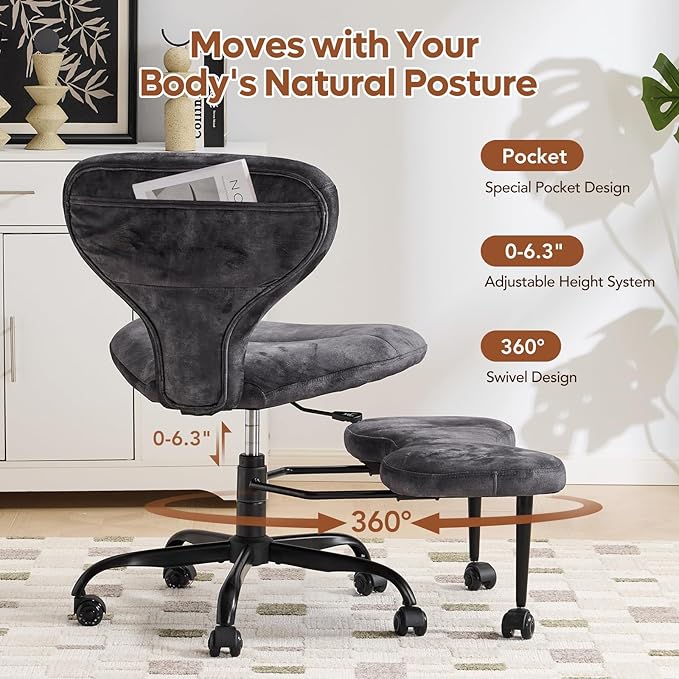 YFO Ergonomic Cross Legged Office Chair and ADHD Meditation Chair with Silent Wheels for Home Office Desk Chair and Yoga, Wider Backrest Support and Storage Pockets Design, Velvet Fabric, Grey