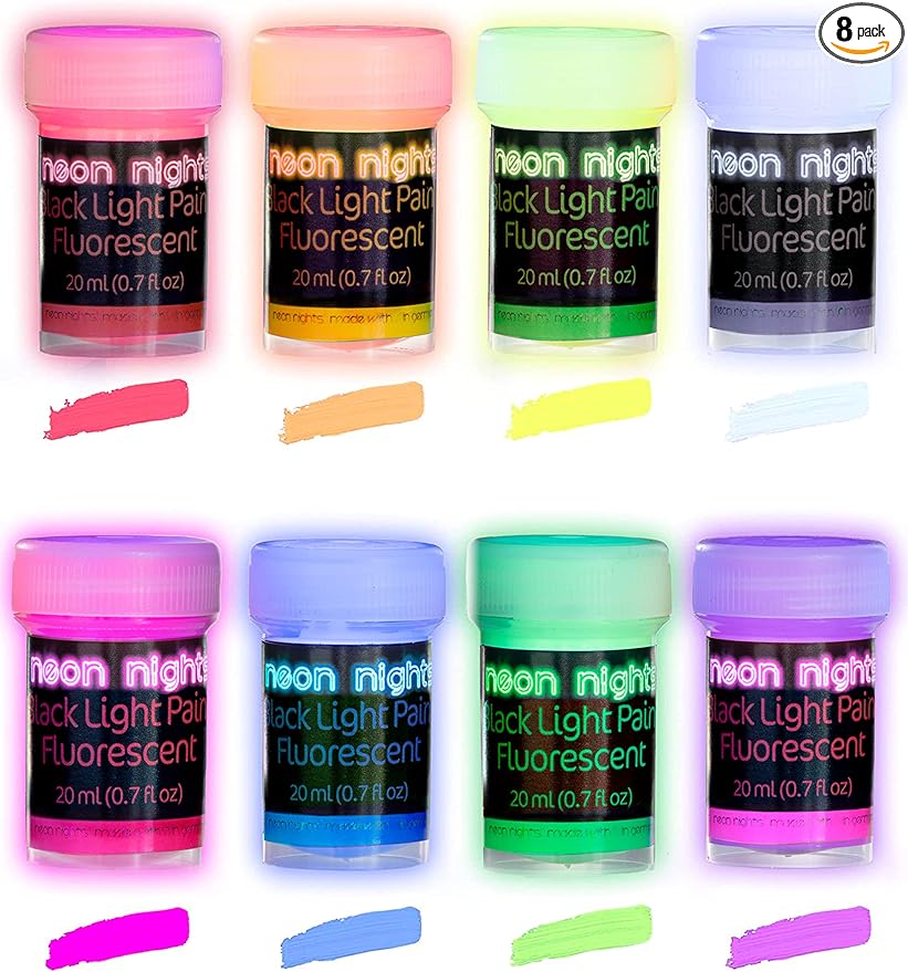 Glow in the Dark Paint - Pack of 8 Multi-Surface UV Paint Set - UV & Blacklight Activated, Self Luminous, 20mL - Perfect for Halloween and Holiday Decor, Easter Egg Painting Decoration