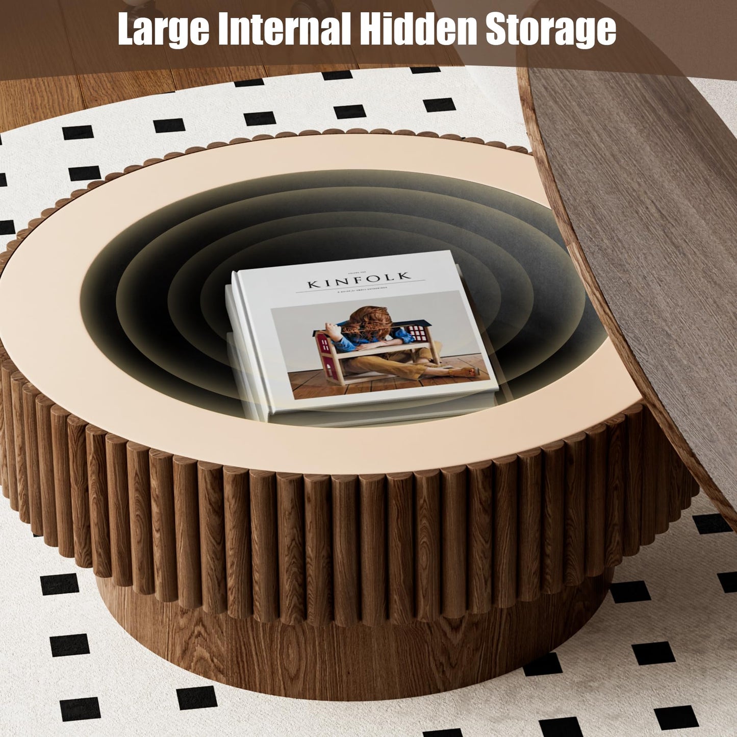 Rophefx Round Coffee Table with Storage, Wood Circle Coffee Tables for Living Room, Fluted Modern Circle Drum Center Tea Tables, ø31.5" x 14"H, Walnut Color