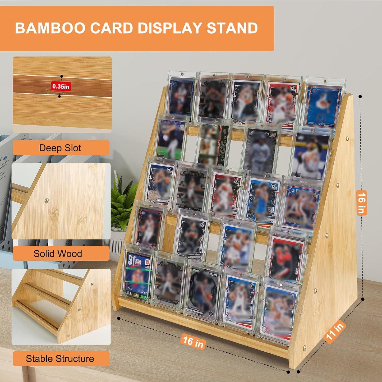 Trading Card Display Stand,5-Tier Bamboo Baseball Card Display Case, 35 pt Sports Card Display for Card Game Collection (Burlywood)