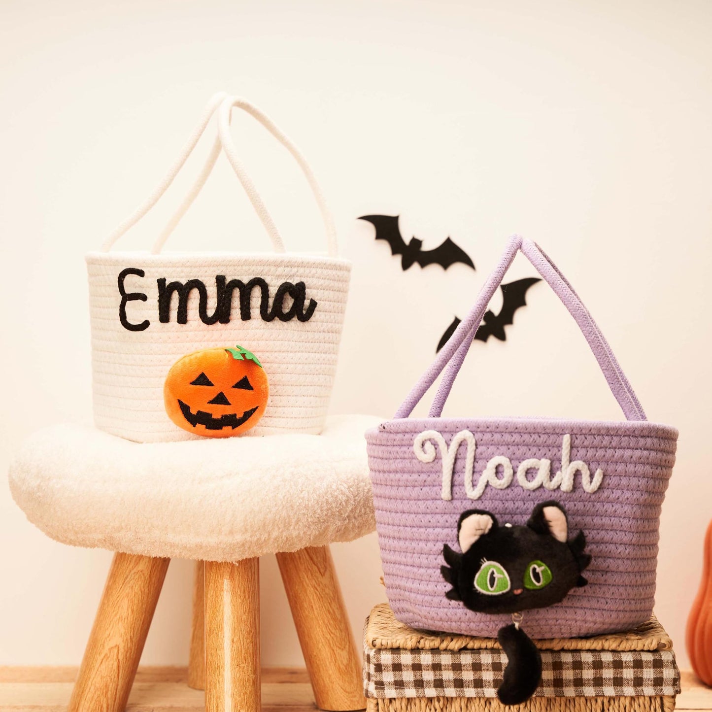 SphonxAi Personalized Halloween Basket, Customized Trick or Treat Bucket, Handmade Knitted Candy Tote, Halloween Basket with Name, Costume Ghost Bucket (Green)