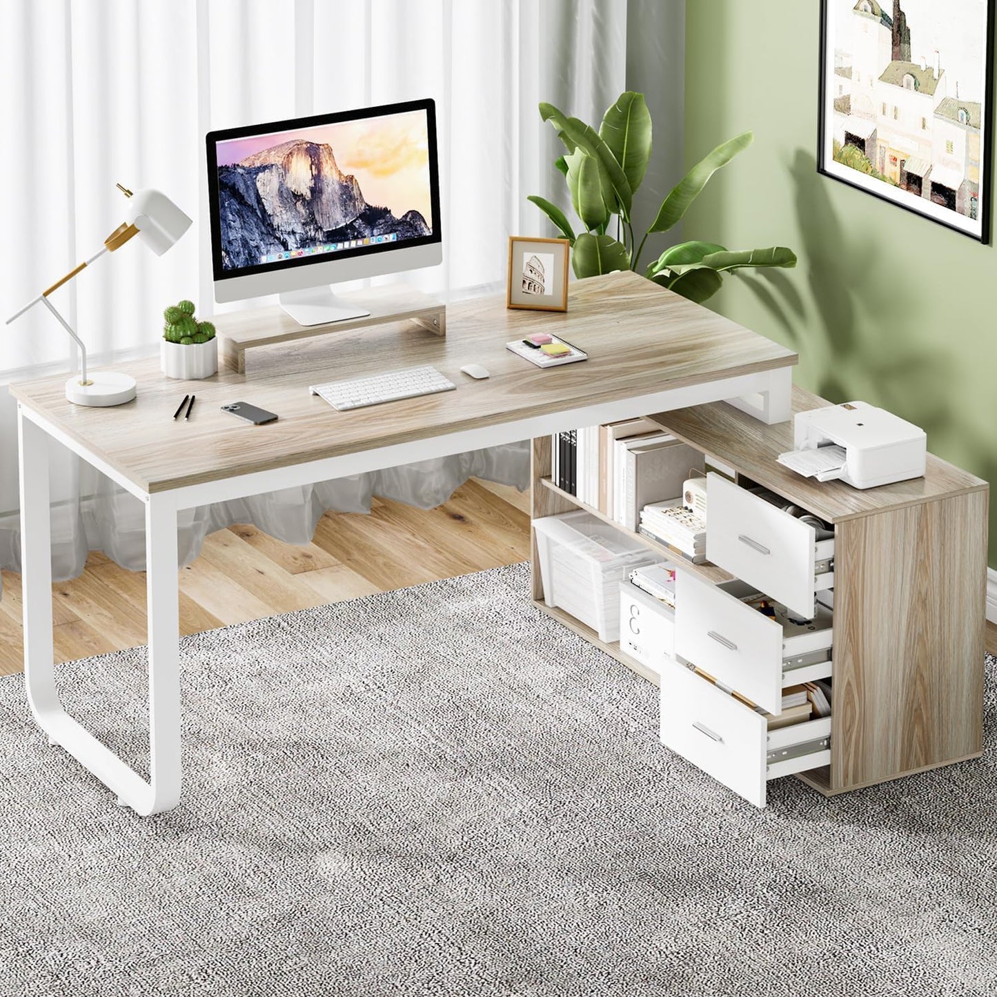 MaverickFurni 55 Inch Reversible L Shaped Computer Desk with 3 Drawers, Corner Desk with Storage Shelves and Removable Monitor Stand, White and Walnut