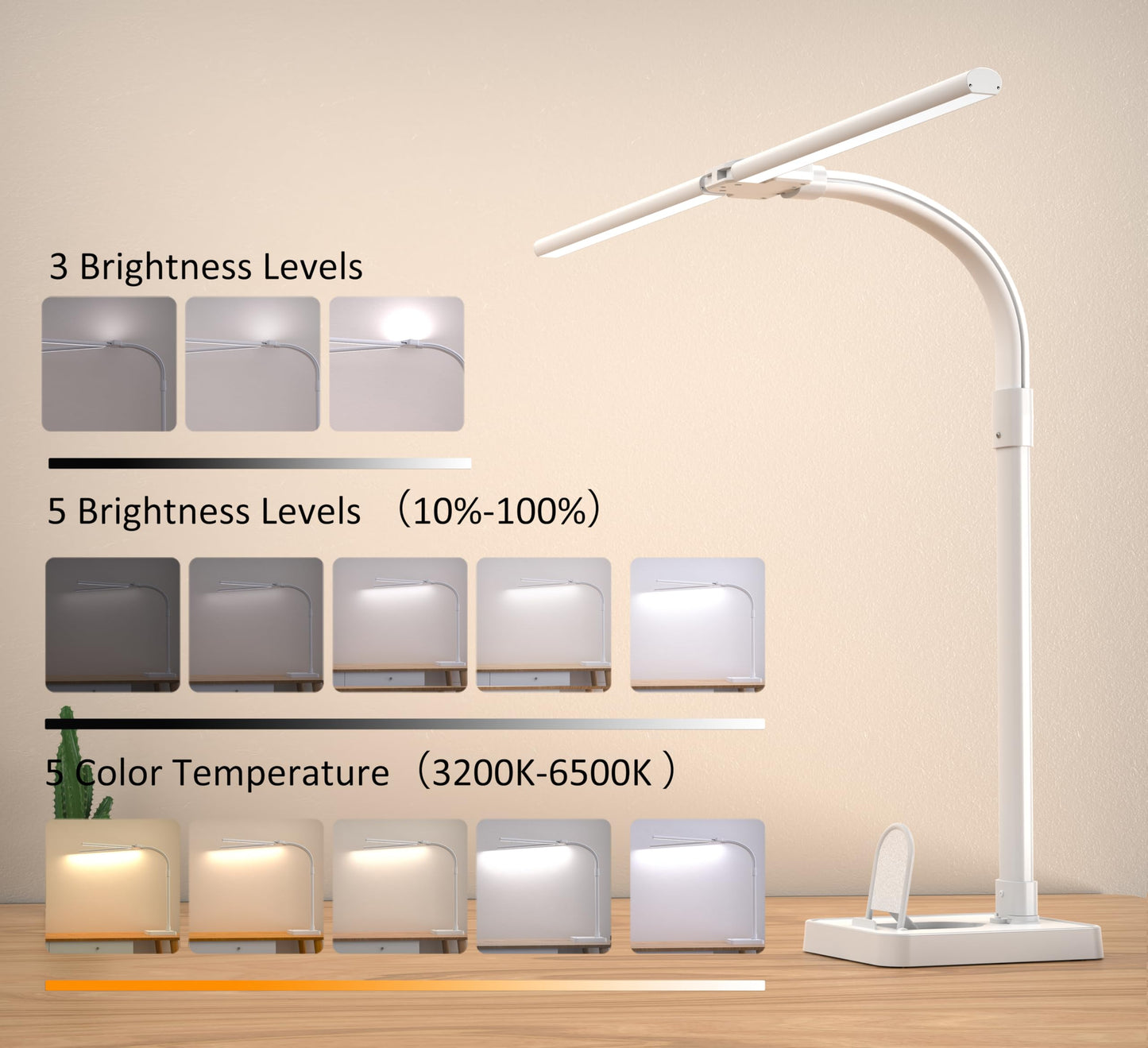 Ksunun Double Head LED Desk Lamp, Architect Desk Lamps for Home Office, 24W Brightest Workbench Office Lighting-5 Color Modes and 5 Dimmable Eye Protection Modern Desk Lamp (White-Desktop, Big)