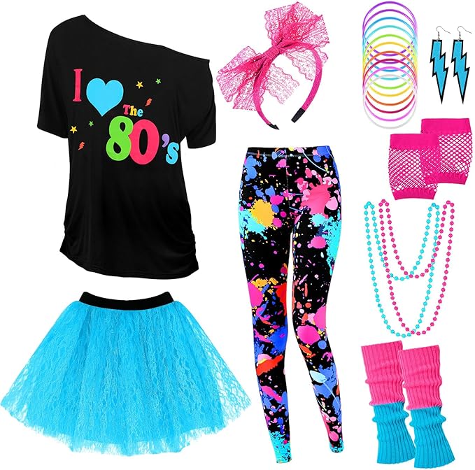 Vabean 19 Pcs 80s Costume Set T Shirt Leggings Tutu Skirt Headband Necklace Bracelets Earrings Gloves Leg Warmers for Women