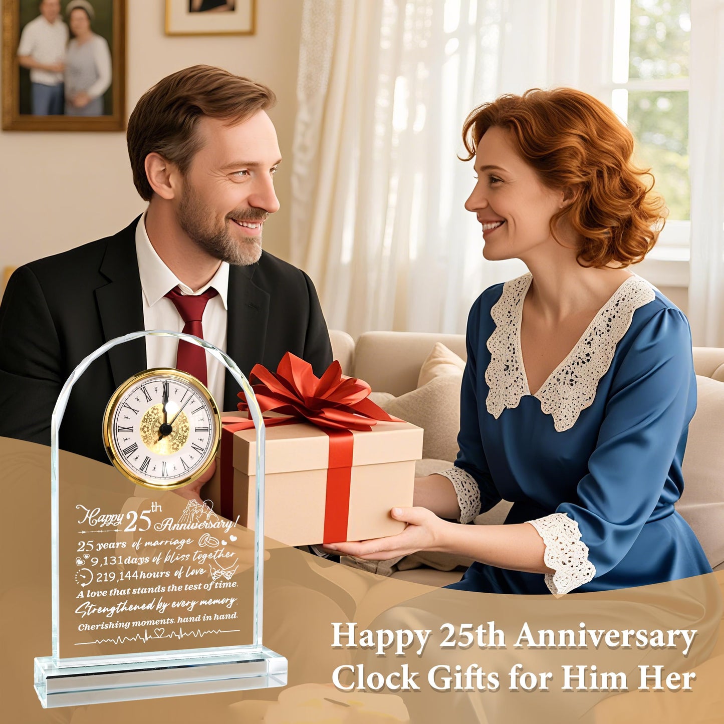 QIANCHANG 25th Wedding Anniversary Crystal Quartz Clock Gifts for Parents, 25 Years Silver for Couple, Happy 25th Anniversary Decoration Gift for Her Him
