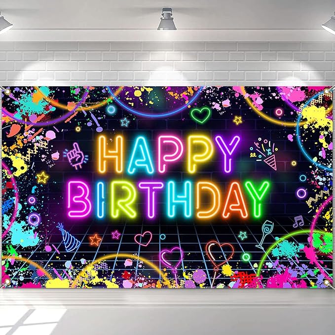 Mocsicka Neon Birthday Backdrop Banner Glow in The Dark Neon Birthday Party Decorations Glow Graffiti Splatter Photography...