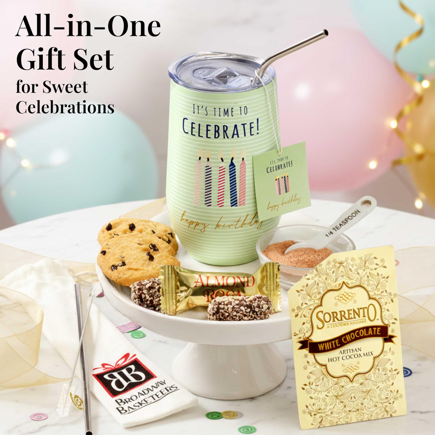 Broadway Basketeers Happy Birthday Chocolate and Sweets Gift Mug Large 16oz. Insulated Gift Mug Includes 3 Piece Set of Metal Straws Birthday gift for Mom Dad Friends