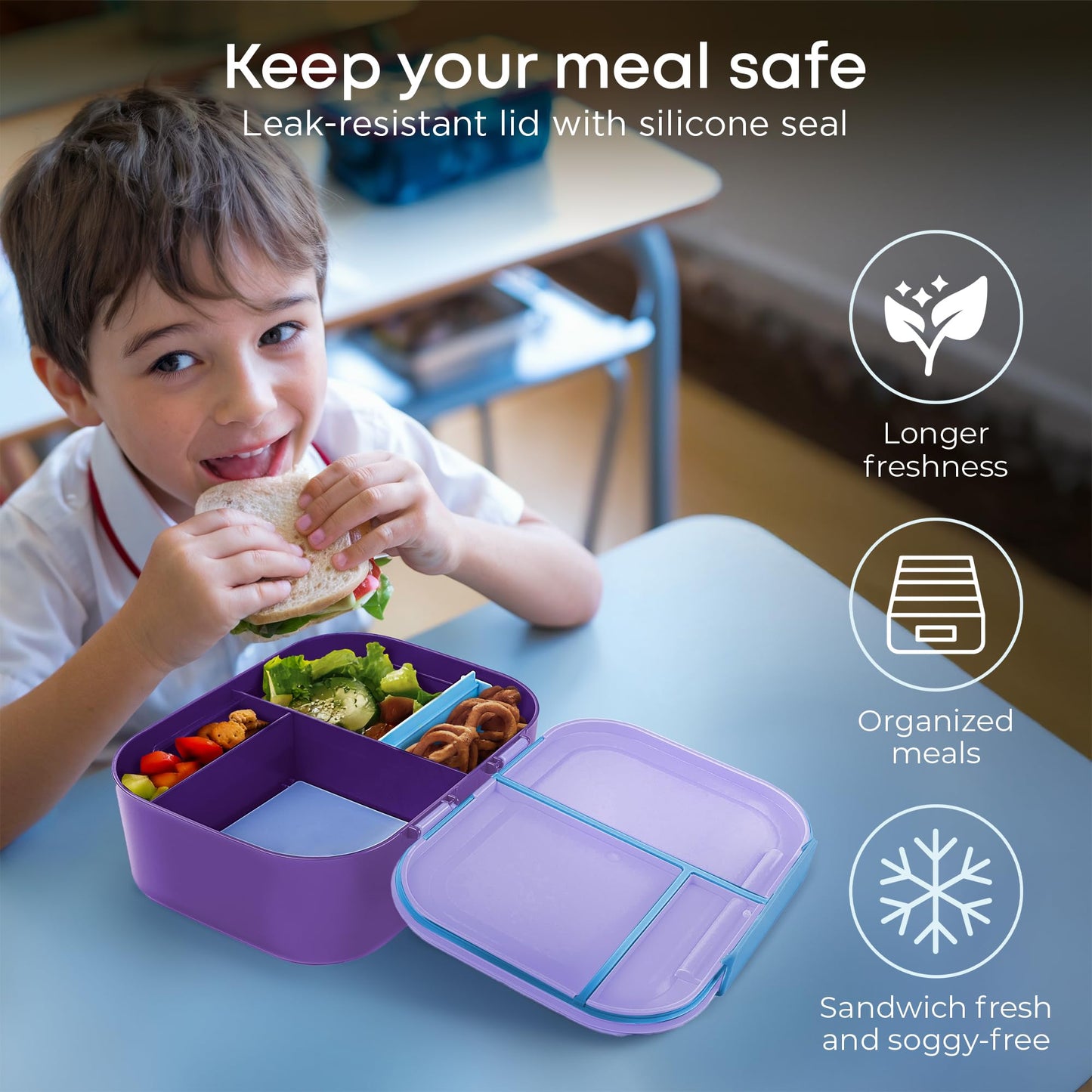 KARRICO Leakproof Lunch Box – 3-Compartment Bento Box, Cooler Pack & Adjustable Divider, Extra Large & BPA-Free – Dishwasher Safe, Ideal for On-the-Go Meals, Lilac & Blue