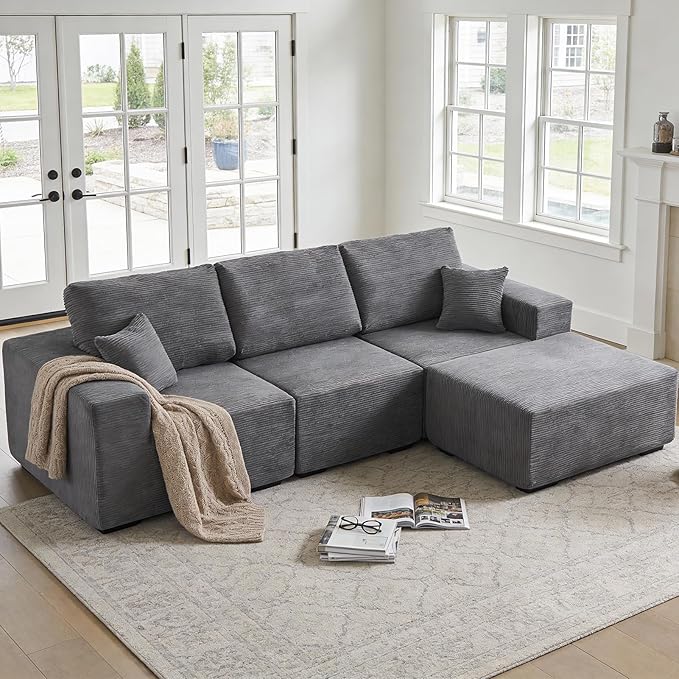 INGEROOM 108" Cloud Sectional Couch with Chaise, Modular L-Shaped Sofa, Deep Seat Comfy Corduroy Memory Foam Couch for Apartments, Dorms or Small Space, No Assembly Required, Dark Grey