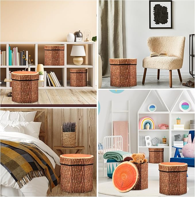 Amylove 6 Pack Tree Stump Storage Stool 12 x 12 Inch Stool Ottoman, Cute Folding Storage Toy Box with Foam Cushion, Collapsible Seat Chest (Classic)