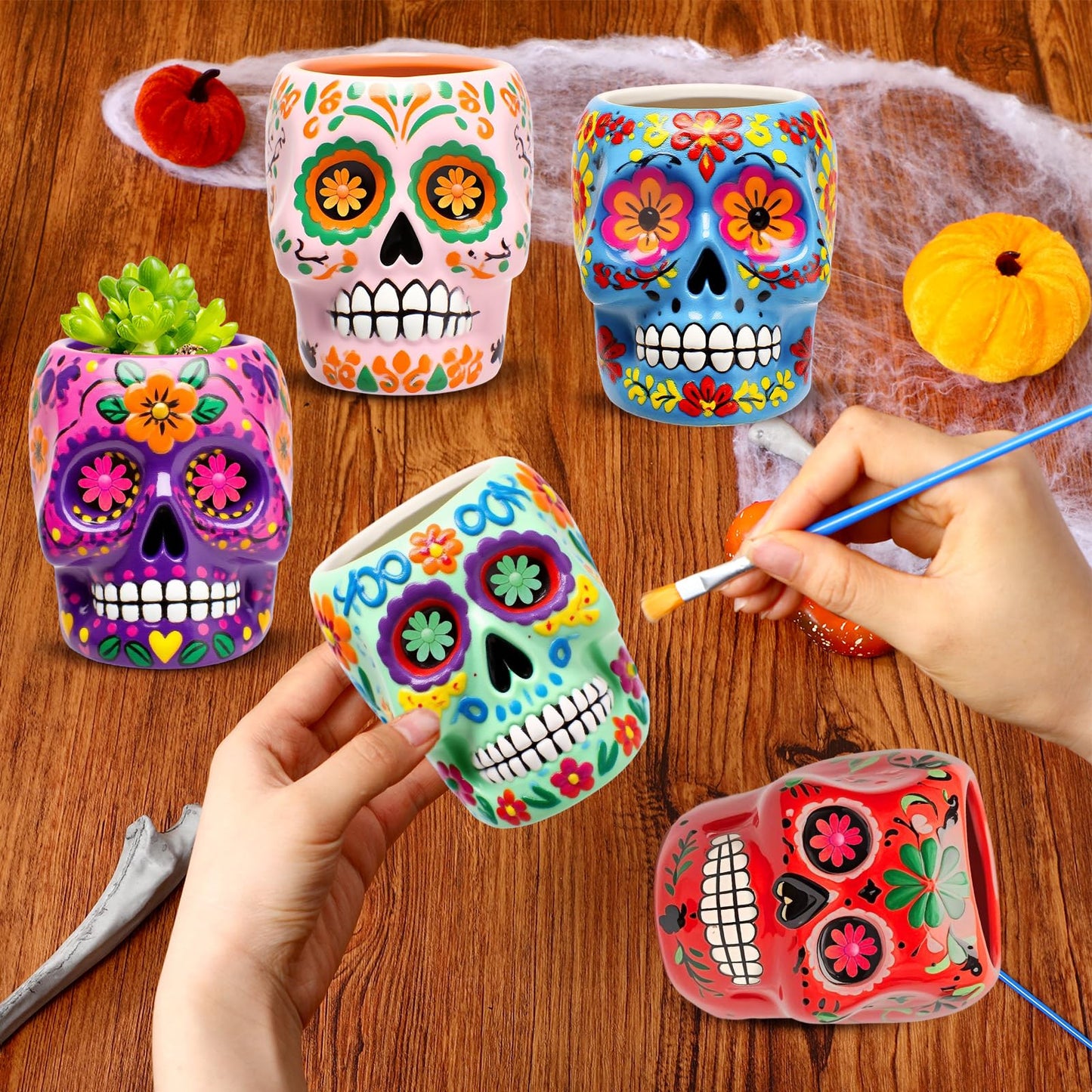 Pasimy 6 Set DIY Ceramic Succulent Planter Pots Paint Your Own Flower Pots Craft Kit Unpainted Bisque Paintable Flowerpot with Brush Palette Ready to Paint for Family Activity Gift (Skull)