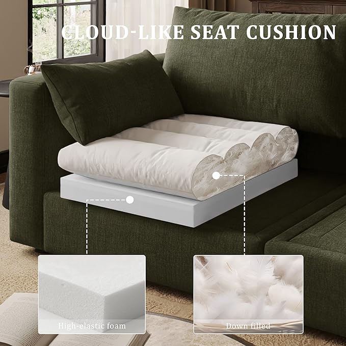 Cloud Modular Sectional Sofa Couch with Storage Ottoman, 99" Oversized Sectional Couches for Living Room, Cloud Modular L-Shaped Sofa with Chaise, 4 Seater, Chenille, Green