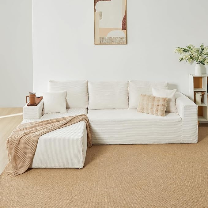 Modular Sectional Sofa Cloud Couch with Multi-Functional Armrests, Boneless Plush L-Shape Living Room Couch with Deep Seat, Fluffy Comfy Sleeper Sofa Easy Assembly (Beige, Right Chaise)