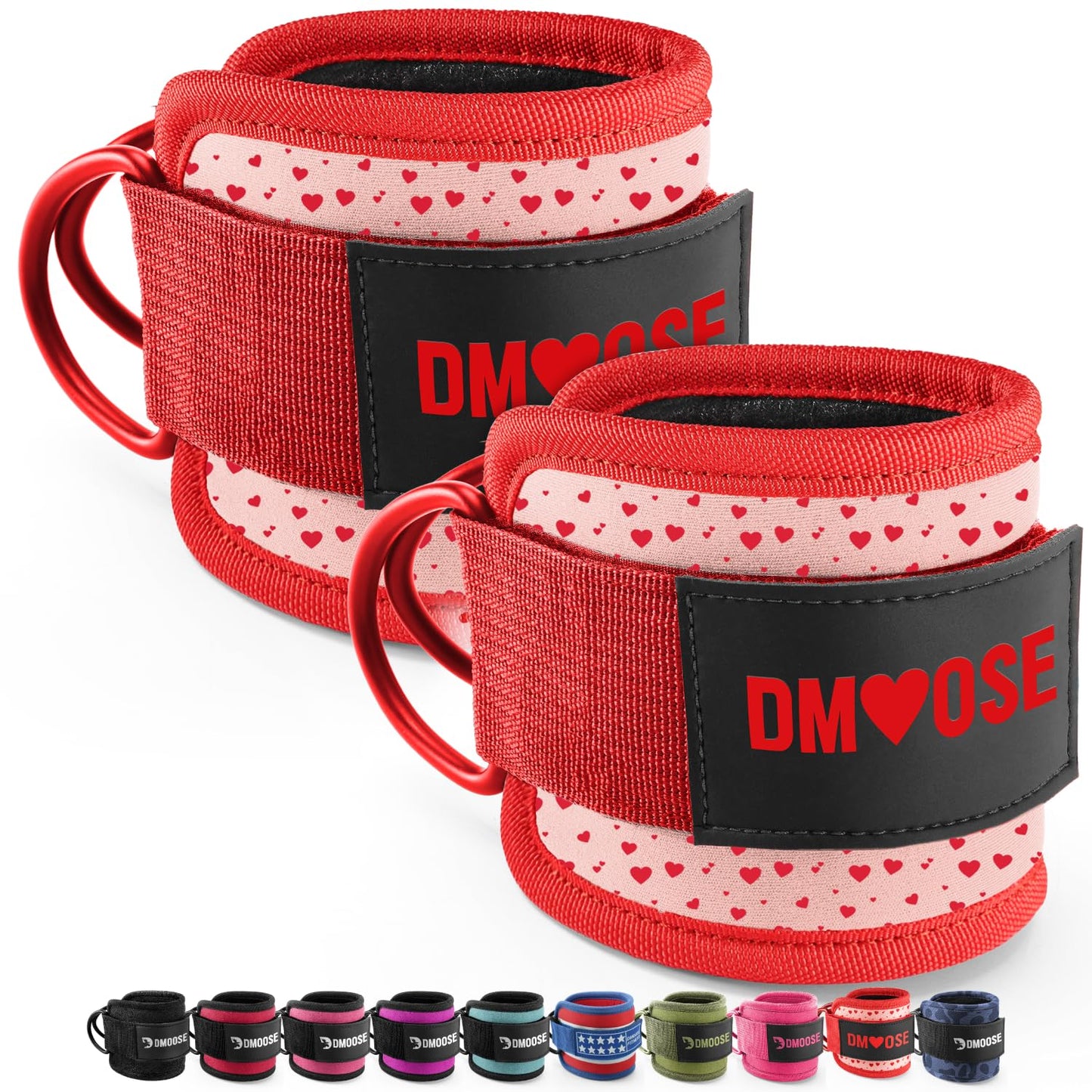 DMoose Fitness Ankle Straps for Cable Machines - One Size Fit with Premium Padding, Glute Kickback Ankle Strap for Women - Cable Attachments for Gym Workouts & Hip Abductors (Hearts - Pair)
