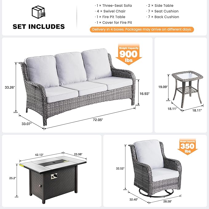 ovios 8 Pieces Patio Furniture Set, Outdoor Wicker Sofa Couch with Swivel Chairs 42" Fire Pit Table, High Back Modern All Weather Conversation Sets, Grey Rattan, Grey