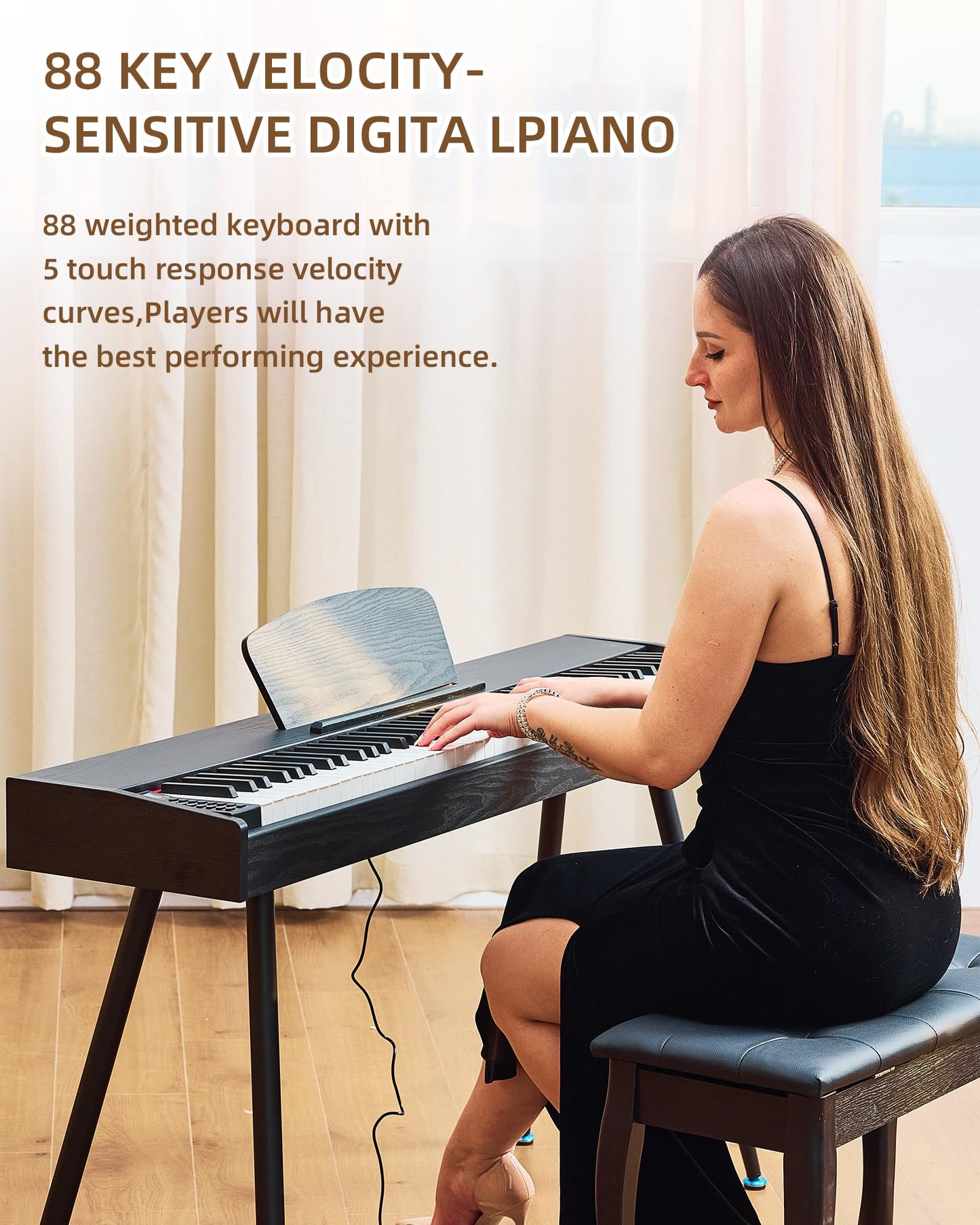 Doguva Digital Piano 88 Key Weighted Keyboard Progressive Hammer-Action Electric Piano For Beginners (Black) with Three-pedal Piano Cover Headphones Music Stickers