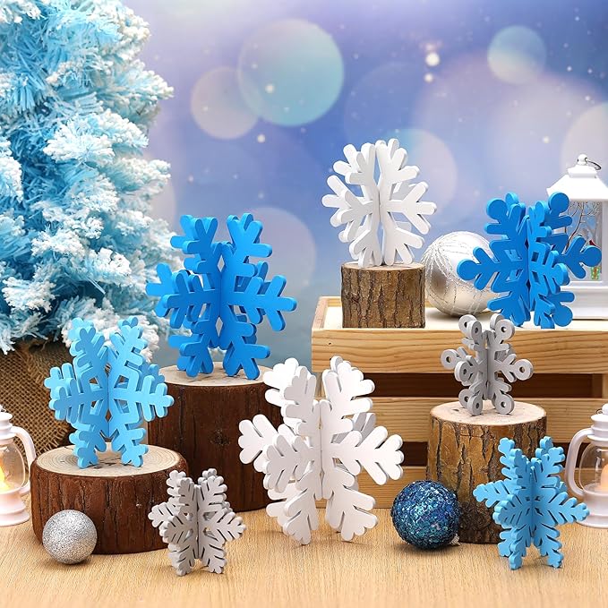 Wenqik 16 Pcs Winter Wooden Snowflake Decor Christmas Winter Snowflake Tabletop Decorations 3D Snow Table Signs Standing C...