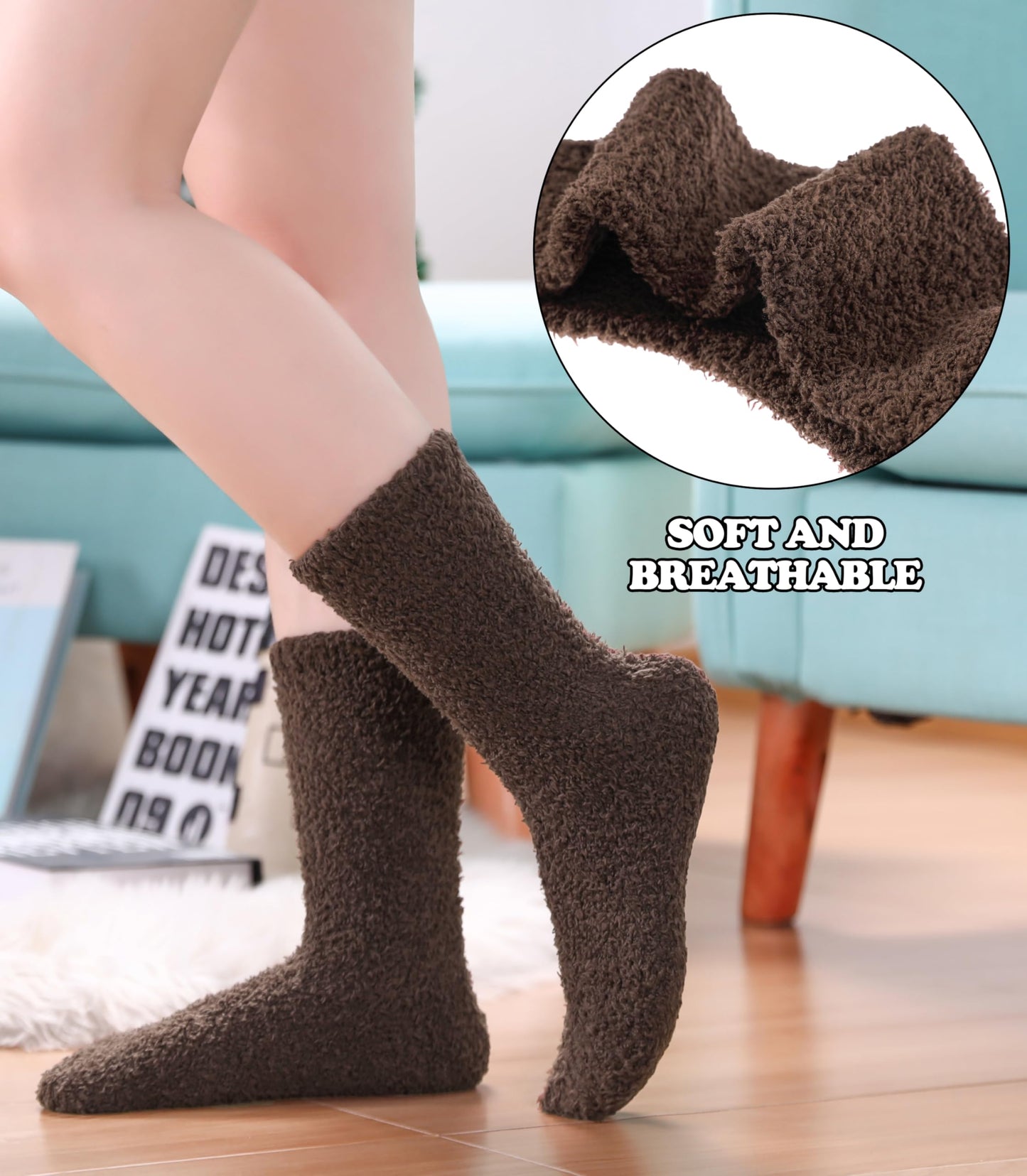FNOVCO Womens Fuzzy Socks Super Soft Fluffy Winter Warm Cozy Home Sleeping Socks (5 Pairs Solid Color F)