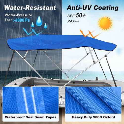 Caminor 4 Bow Bimini Top Replacement Canvas with Light Hole and Storage Boot, 900D Heavy Duty Waterproof Bimini Top Canvas Only Without Frame, 8'L 73"-78" W Blue