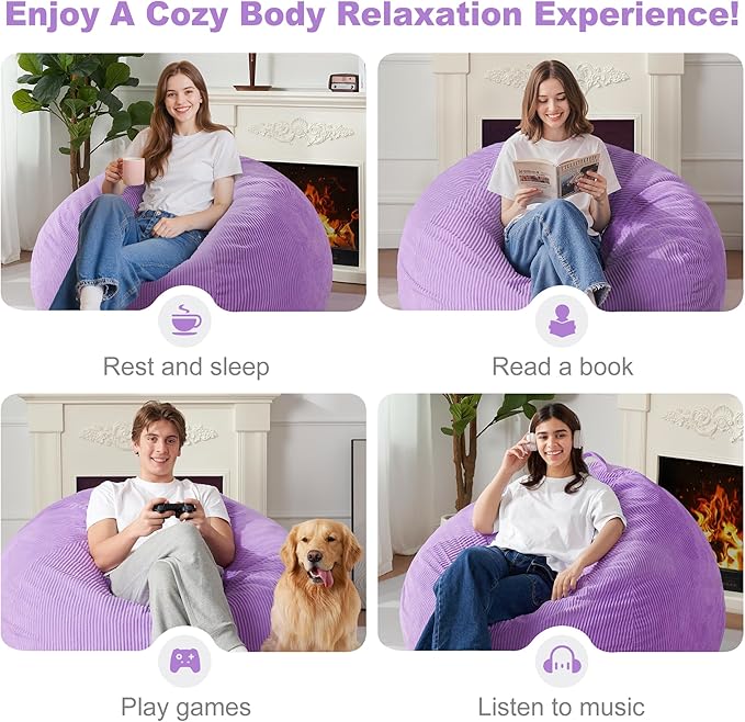 Homguava 4FT Bean Bag Chair for Adults,Teardrop Bean Bags Big Beanbag Chair with Memory Foam Filled and Ultra Soft Removable Corduroy Cover for Living Room, Bedroom (Purple)