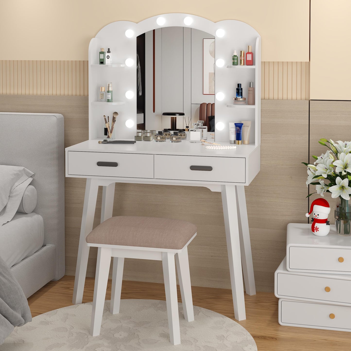 HIULOG Makeup Vanity Desk with Mirror, Vanity Desk with Lights and Mirror, Makeup Vanity with Drawers and Chair White Dressing Table