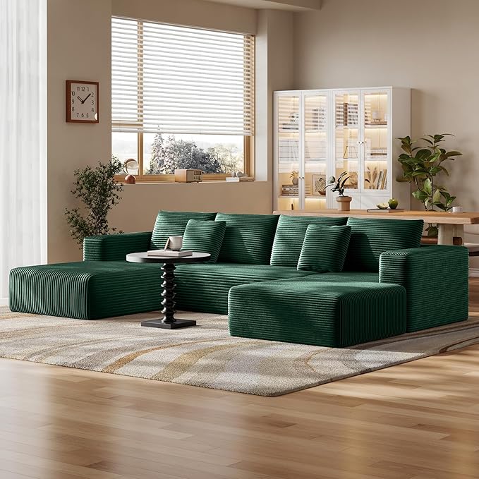 Fancyfire 134.6" Cloud Modular Sectional Couch with Chaise and Pillows,Ultimate Comfort U-Shaped Deep Seat Sofa,Boneless Couch Upholstered 3-Seater Sofas for Living Room, No Assembly Required(Green)