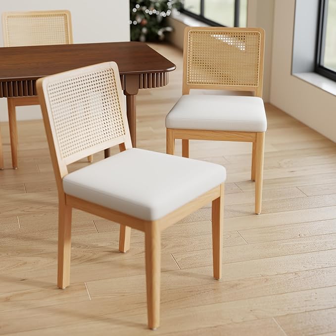 LukeAlon Set of 6 Farmhouse Dining Chairs - Modern Woven Cane Back, Plush Chenille Upholstered Seat, Solid Wood Legs, Mid Century Kitchen & Dining Room Chairs, Comfortable Accent Side Chairs, White