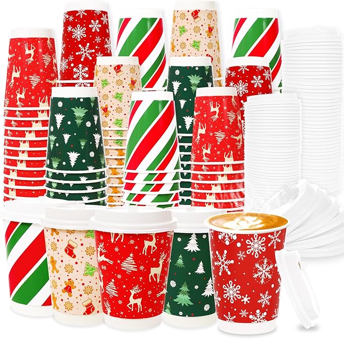 FULJOOY 100 Sets Snowflake Gingerbread Man Christmas Tree Candy Disposable Coffee Cups with Dome Straws Sleeves 12 oz Pape...