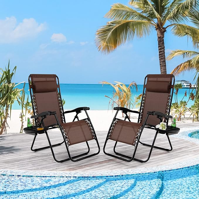 Tangkula Set of 2 Zero Gravity Chair, Folding Patio Lounge Chair Adjustable Outdoor Recliner with Cup Holder, Wide Armrest for Patio Garden Poolside Outdoor Yard Beach, Support 350 lbs (2, Brown)