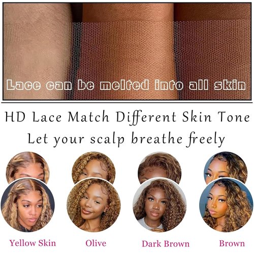 Ombre 4/27 Highlight Wear And Go Glueless Wigs Human Hair Pre Plucked Pre Cut 4/27 Honey Blonde Wig Human Hair Short Curly Bob Wig 180% Density Water Wave Lace Front Wigs For Black Women 14 Inch