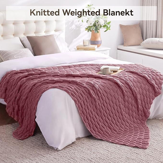 Knitted Weighted Blanket for Adult, No Beads Heavy Blanket 50” x 60'' 7lbs, Breathable Chunky Knit Blanket, Cooling Weighted Blanket for Hot Sleepers, Christmas Home Decor (Pink)