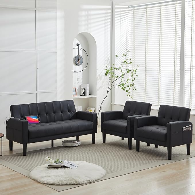 TYBOATLE Sofa Couch 62" W Loveseat w/ 2 USB Charger Ports & 2 Cupholders, Mid-Century Modern Tufted Small Love Seat Couches for Office, Living Room,Bedroom,Apartment,Dorm (3, Black)