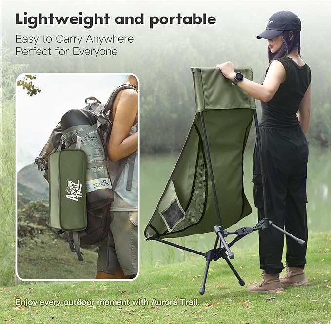 AuroraTrail High Back Folding Camping Chair with Pillow – Lightweight Portable Outdoor Chair with Cup Holder & Carry Bag, Sturdy Aluminum Frame Supports up to 374 lb for Camping, Hiking & Festivals