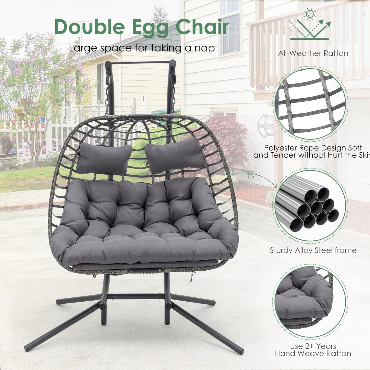 Double Egg Swing Chair with Stand for Outdoor, Patio Hand Made Rattan Wicker 2 Double Hanging Egg Chairs Hammock Chair with UV Resistant Cushion and Metal Frame, Porch Swing Loveseat for Backyard