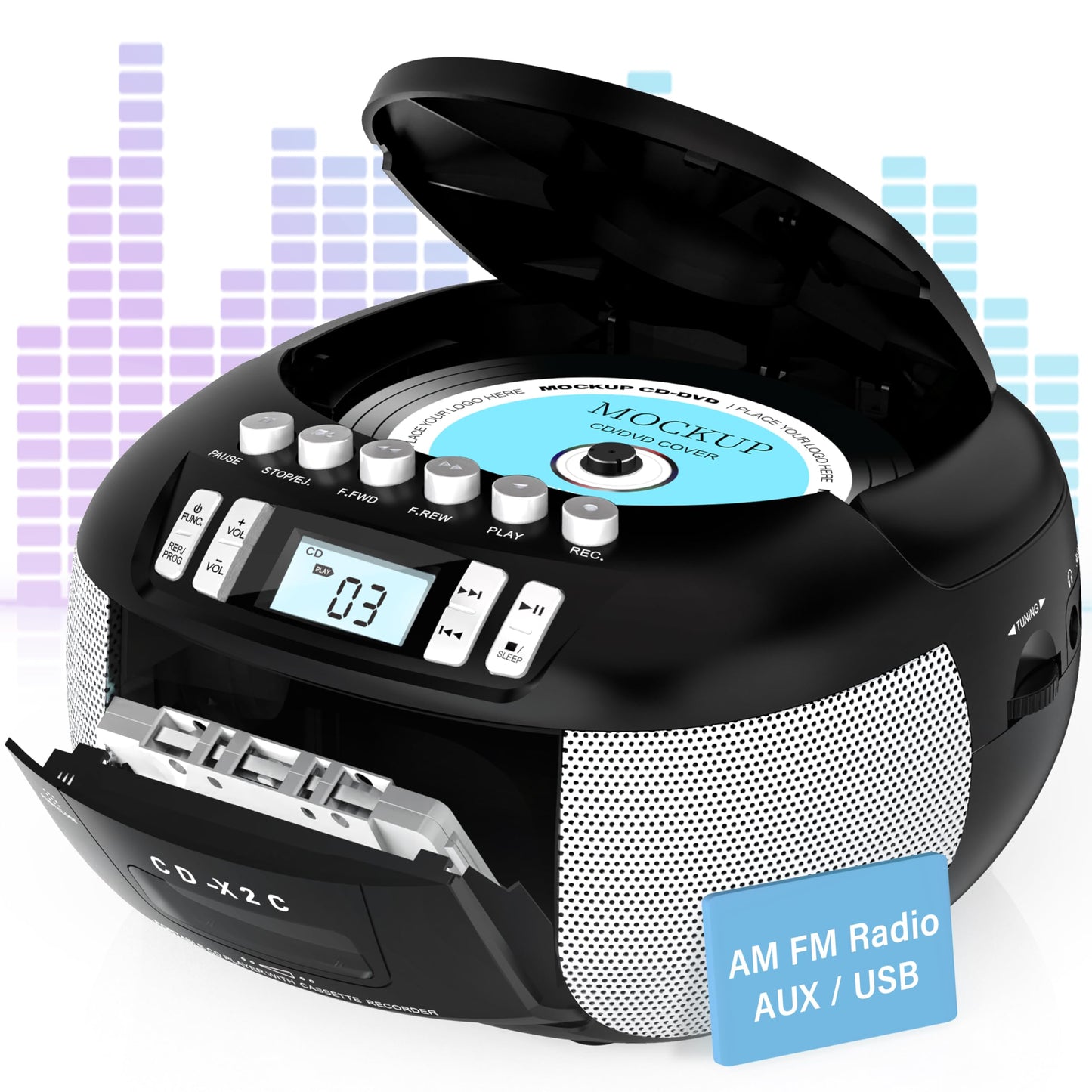 Pbochi Portable Top Loading Cd Boombox With Am/Fm Stereo Radio, Tape Recorder, Aux In Cable And Ac Powered, Battery Operated, Pr