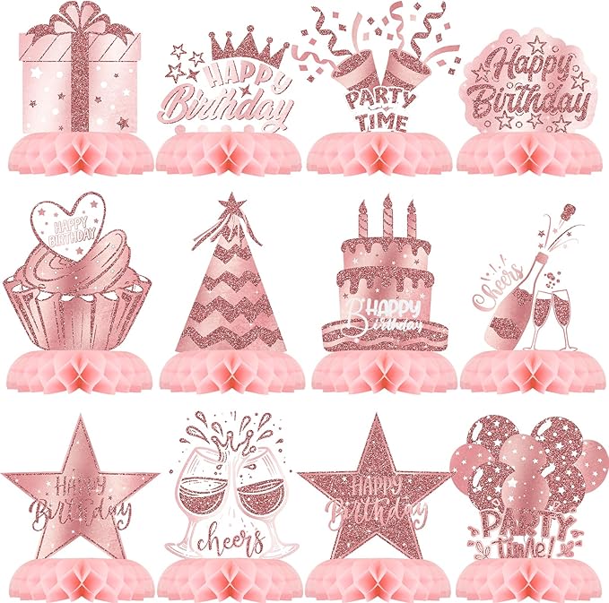 Pink Rose Gold Party Decorations, 12Pcs Pink Rose Gold Honeycomb Birthday Decorations, Elegant Rose Gold Table Toppers Par...