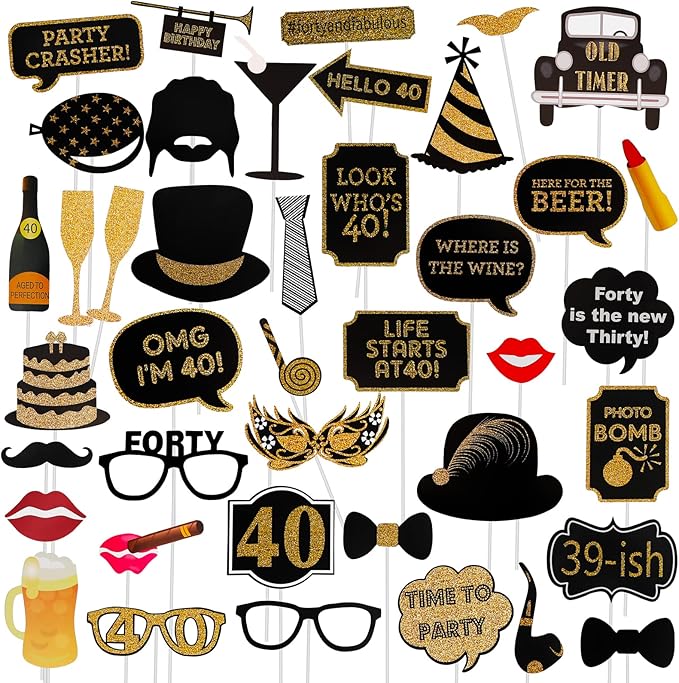 Adult 40th Birthday Photo Booth Props(41Pcs) for Her Him Cheers to 40 Years Birthday Party, Gold and Red Decorations,40th ...