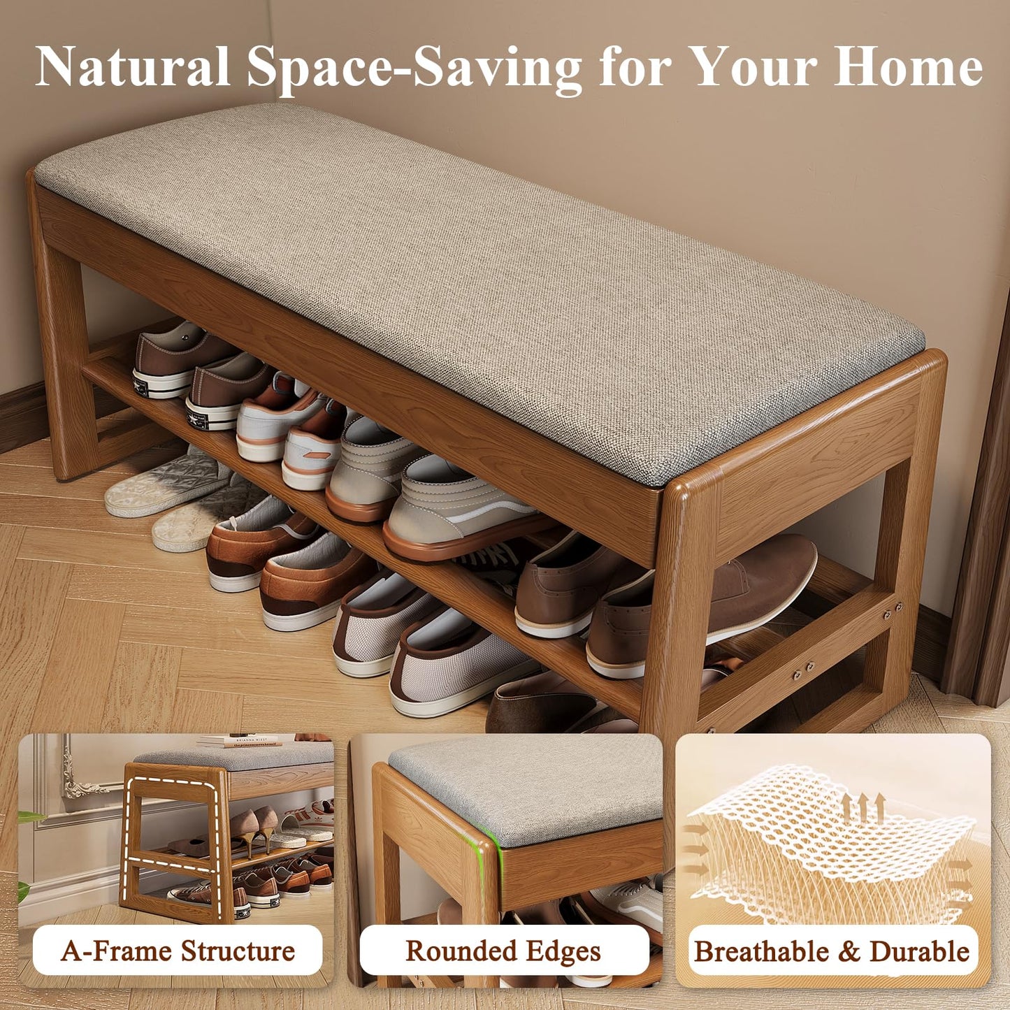 IUNVR Shoe Rack Bench with Cotton-Linen Cushion 2-Tier Wooden Storage Bench 550lbs Compact Simple & Modern Design for Entryway, Hallway, Bedroom, Living Room, Closet, Front Door Entrance, Foyer
