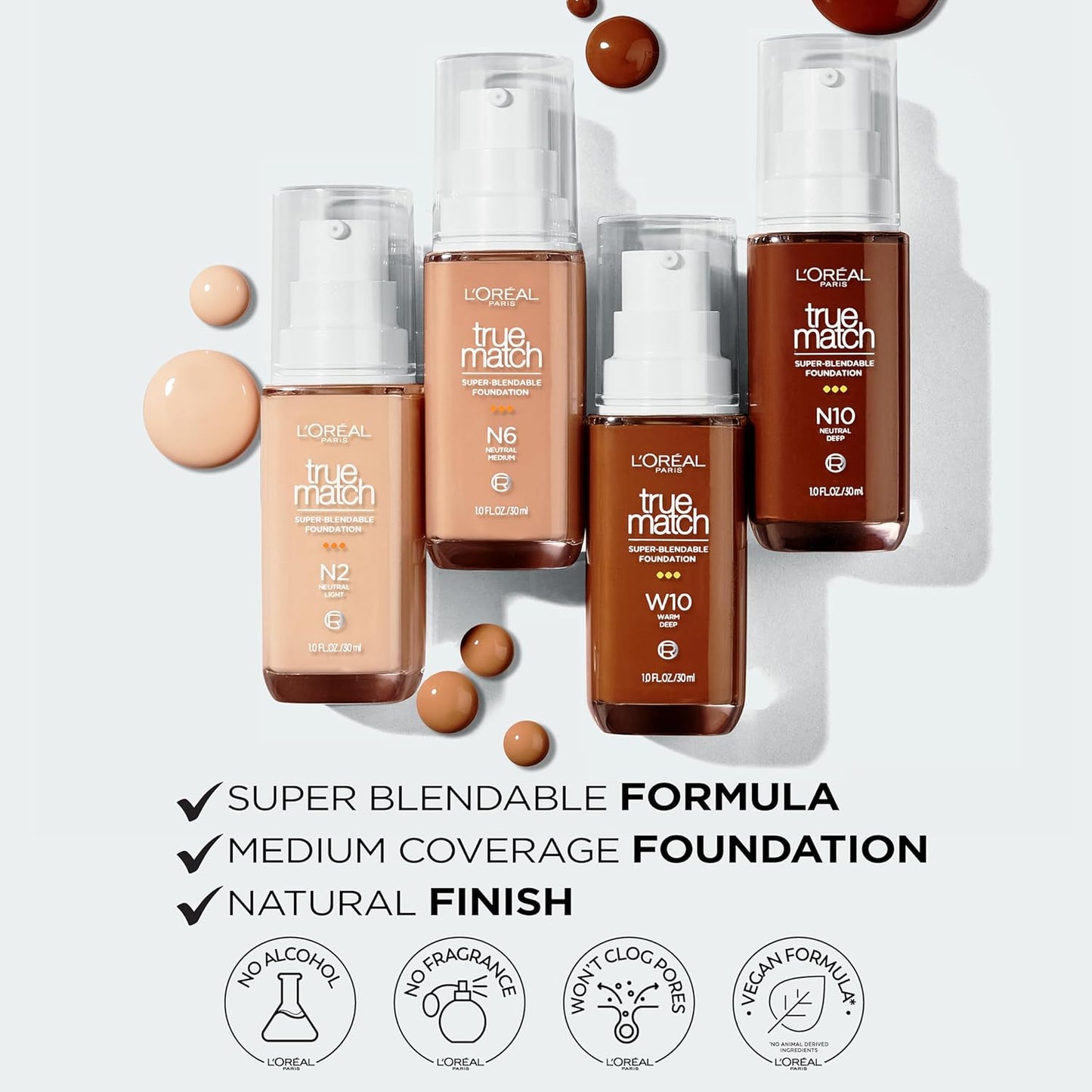 L'Oreal Paris True Match Super-Blendable Foundation, Medium Coverage Liquid Foundation Makeup, N11, Deep, 1 Fl Oz