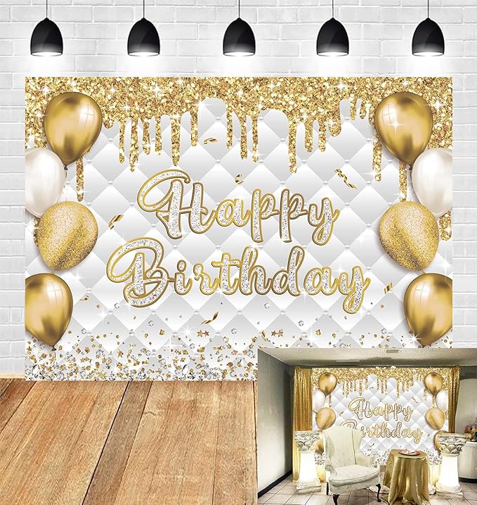PGSWEER 7x5ft White Gold Birthday Backdrop Glitter Sequins Balloon Diamond Fluid Background Women Girls Men Luxury Party B...
