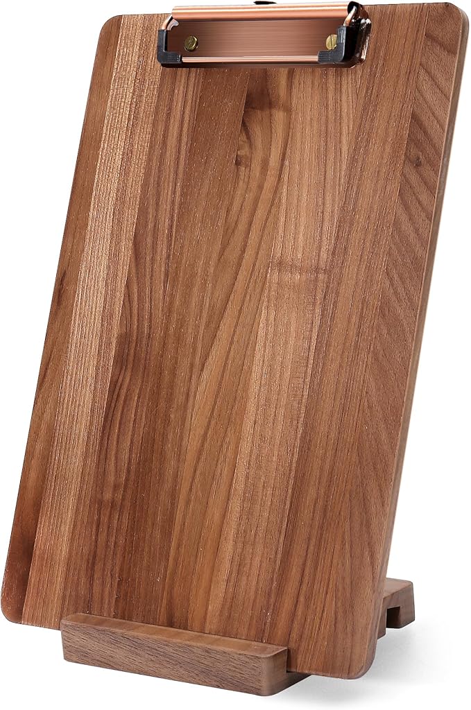 Walnut Wood Clipboard, 12.6" x 8.7" Menu Clip Board with Metal Clip and Stable Base, Solid Hardwood, Smooth Edges, Free St...