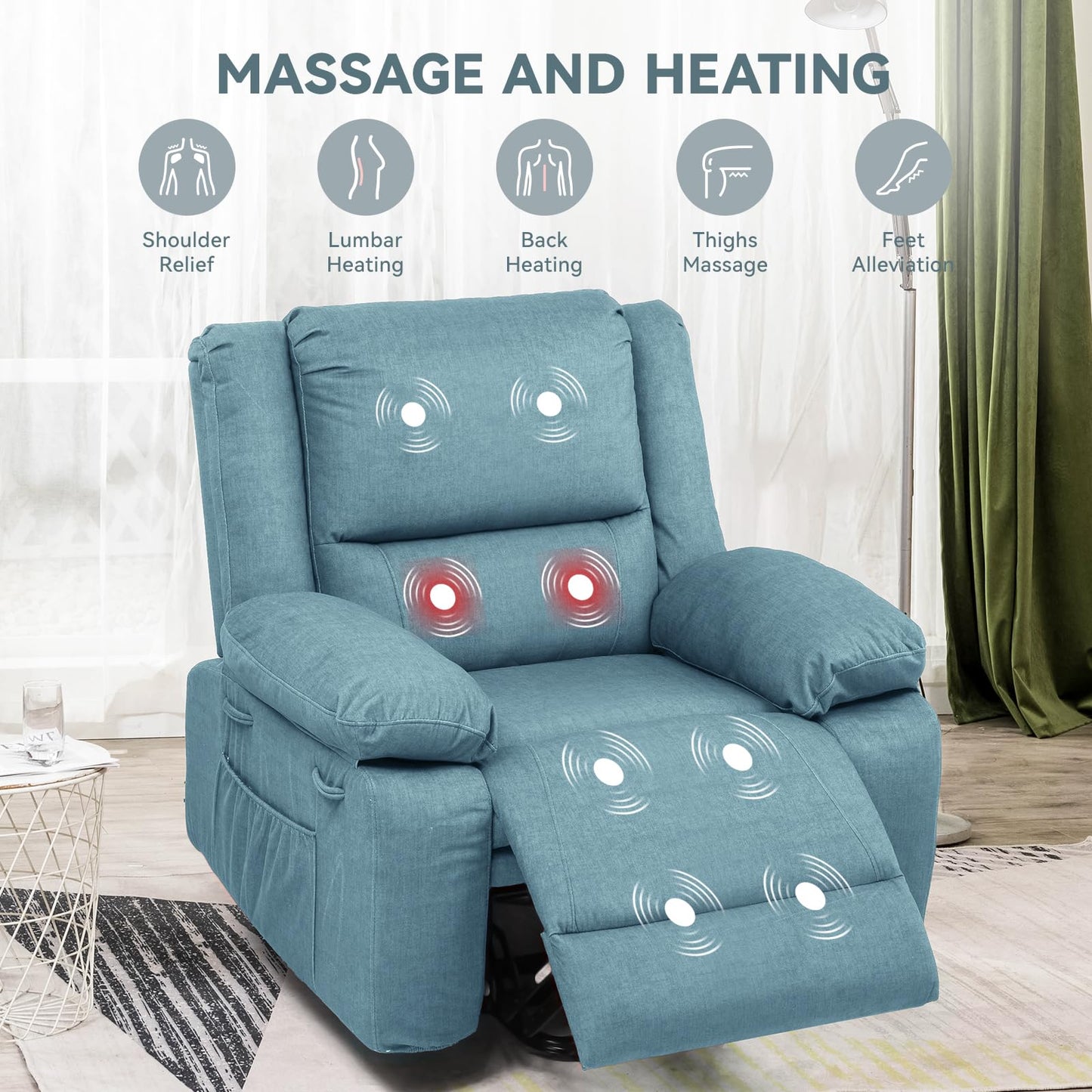 COMHOMA Electric Power Lift Chairs Recliners for Elderly,Recliner Chair with Massage and Heat,2 Side Pockets, USB Ports, Fabric(Blue)