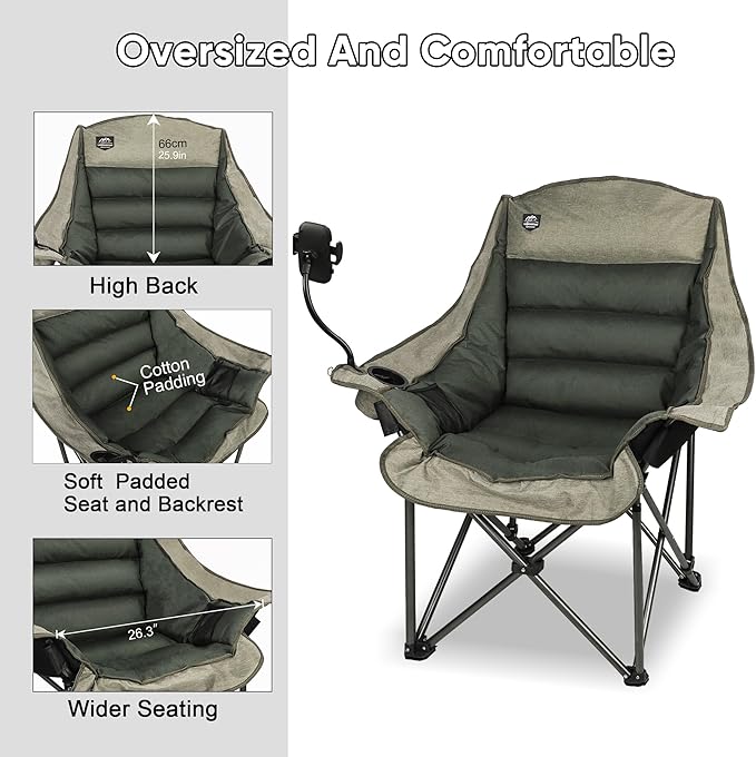 LANMOUNTAIN Oversized XL Folding Camping Chair,Heavy Duty Support 400Lbs,Large Comfy Padded Camp Chair for Adults,Lawn Arm Chair w/Cup Holder,Phone Holder,Carry Bag Perfect for Outdoor (Brown
